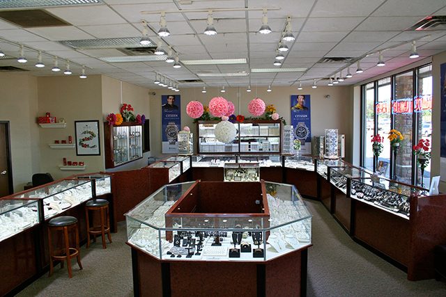 Showroom cases inside 14 Karat Jewelers in Livonia